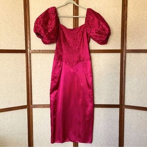 Pretty in Pink Vintage 1980s Long Formal Satin Lace Dress Giant Puff Sleeves